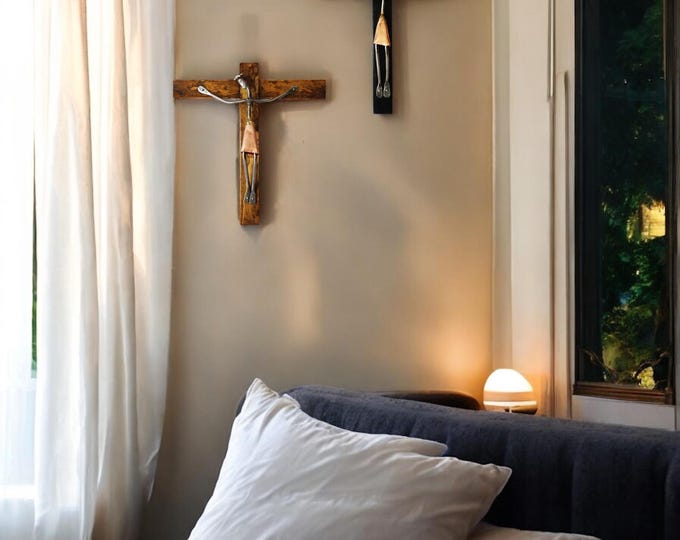 Modern Mid-Century Crucifix; Christian Cross  Wall Decor Wood, Iron, Copper, Brass  Details