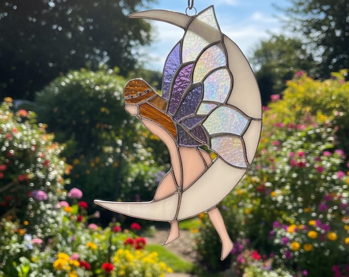 NEW Large Fairy sitting on the Moon Stained Glass Window Sun catcher Garden and Patio Decor