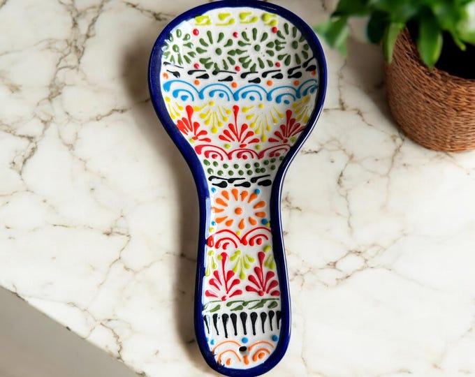 Blue Multicolored Ceramic Talavera Spoon Rest / Traditional Mexican Kitchenware and Utensils by Latin Nomad.