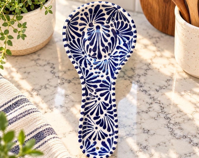 Blue Ceramic Talavera Spoon Rest / Traditional Mexican Kitchenware and Utensils by Latin Nomad.