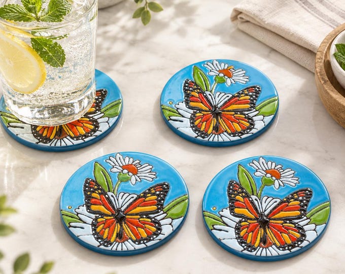 Monarch Butterfly and Daisy Flower Terracotta Coaster Set  / Traditional Mexican Kitchenware and Utensils by Latin Nomad.