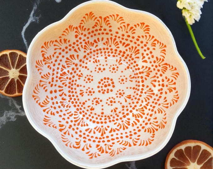 Scalloped Orange Mandala Pattern Ceramic Talavera Serving Platter Kitchenware Pottery