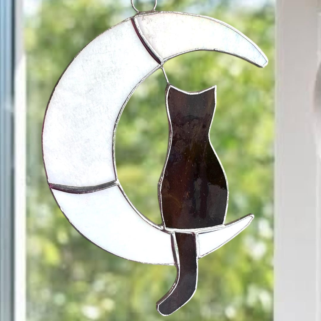 Stained Glass Cat Sitting on the Moon Window Suncatcher - Etsy