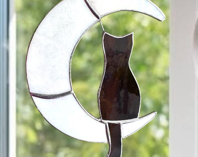 Stained Glass Cat Sitting on the Moon Window Suncatcher