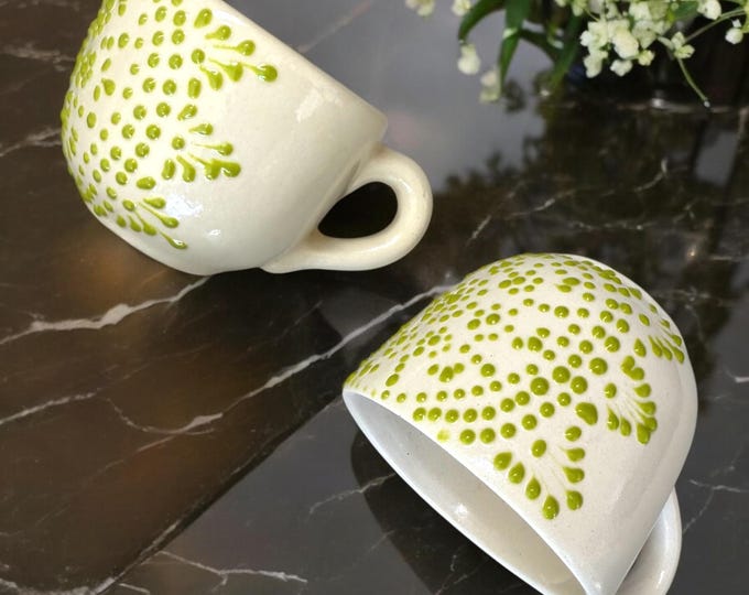 2 pcs White and Green Ceramic Talavera Coffee Mug / Traditional Mexican Kitchenware and Utensils by Latin Nomad.