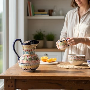 May include: A decorative ceramic pitcher with a blue handle and rim, featuring a colorful geometric pattern in red, green, yellow, and blue. The pitcher sits on a wooden table, alongside a bowl and a mug with matching designs.