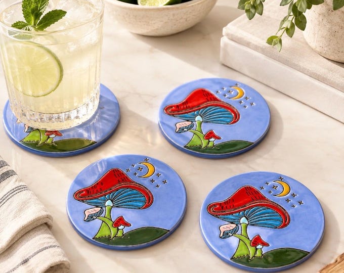 Bohemian Mushroom and Moon Terracotta Coaster Set  / Traditional Mexican Kitchenware and Utensils by Latin Nomad.