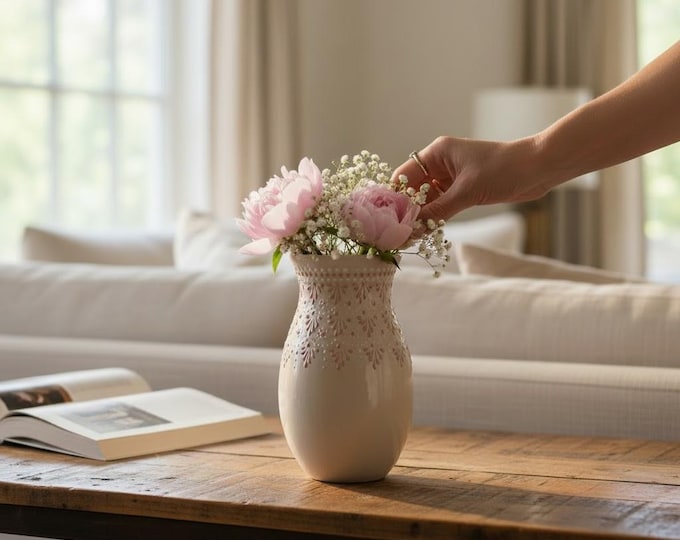 Ceramic Flower Floral Vase Pink and White by Latin Nomad.