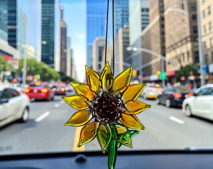 Sunflower handblown glass art,  Flower rear-view mirror car accessories