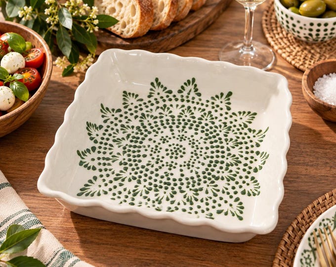 Lucia Ceramic Casserole Dish in Green Mandala, Modern Mexican Ceramic Talavera Serving Platter Kitchenware Pottery.