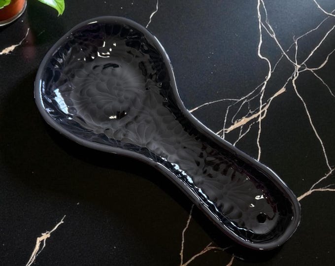 Black on Black Clay Talavera Spoon Rest / Traditional Mexican Kitchenware and Utensils by Latin Nomad.