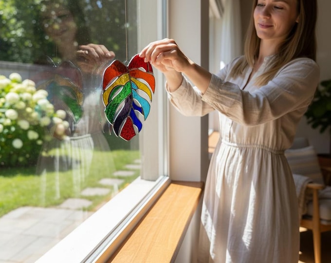 Stained Glass Rainbow Monstera Deliciosa Leaf Hangable Suncatcher