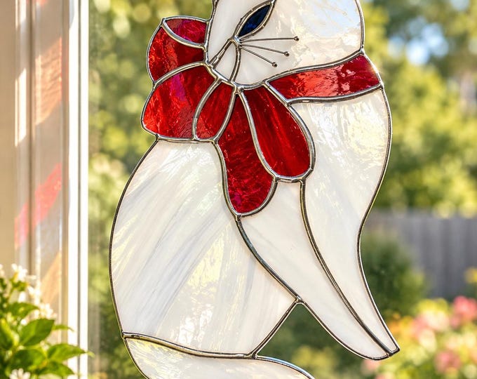 White Cat with Large Bow in Stained Glass Window Suncatcher