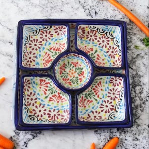 Multi Snack Platter in Modern Ceramic Talavera Snack Dish Plate, Mexican Food Platter.