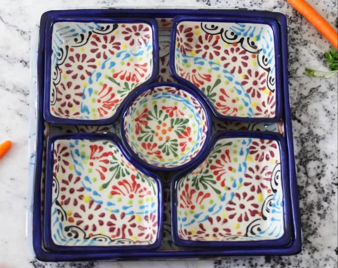 Multi Snack Platter in Modern Ceramic Talavera Snack Dish Plate, Mexican Food Platter.
