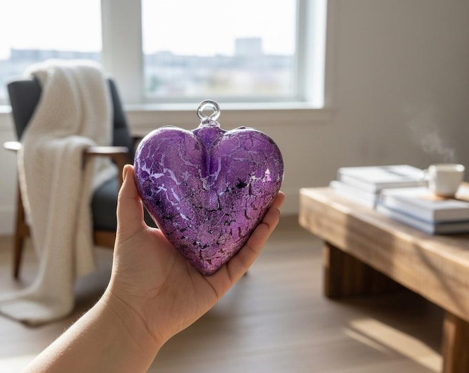 Glass Hearts with Purple Metal Foil, Hand Blown Glass Technique