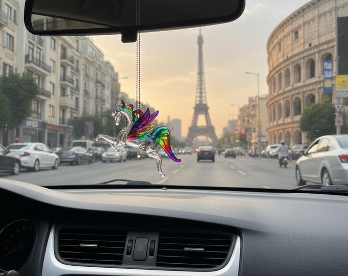 Rainbow Pegasus handblown glass art, rear-view mirror car accessories