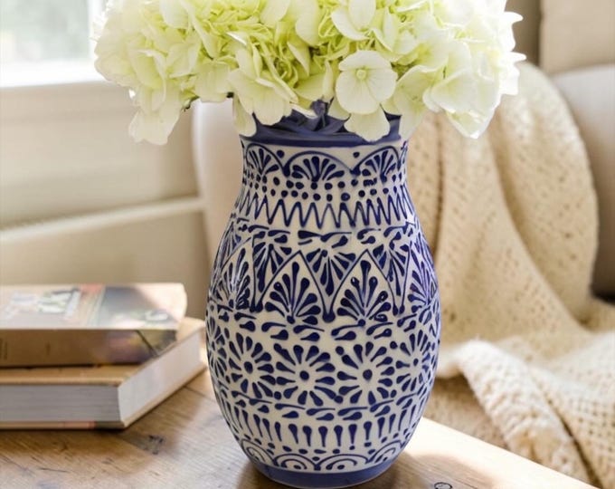 Ceramic Floral Vase White and Blue by Latin Nomad.