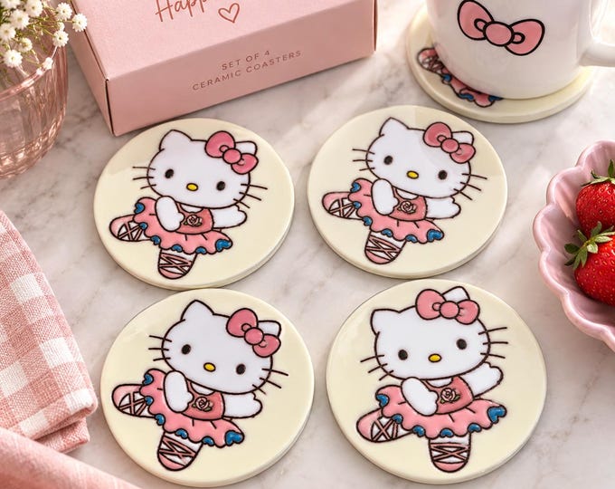 Hello Kitty Ballerina Inspired Terracotta Coaster Set  / Traditional Mexican Kitchenware and Utensils by Latin Nomad.