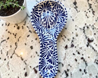 Blue Ceramic Talavera Spoon Rest / Traditional Mexican Kitchenware and Utensils by Latin Nomad.