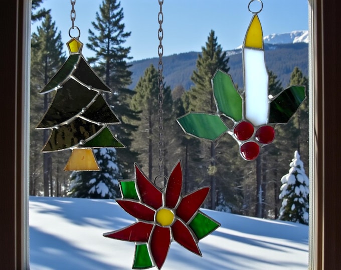 Christmas 3pc set of Stained Glass Window Suncatcher Garden and Patio Decor