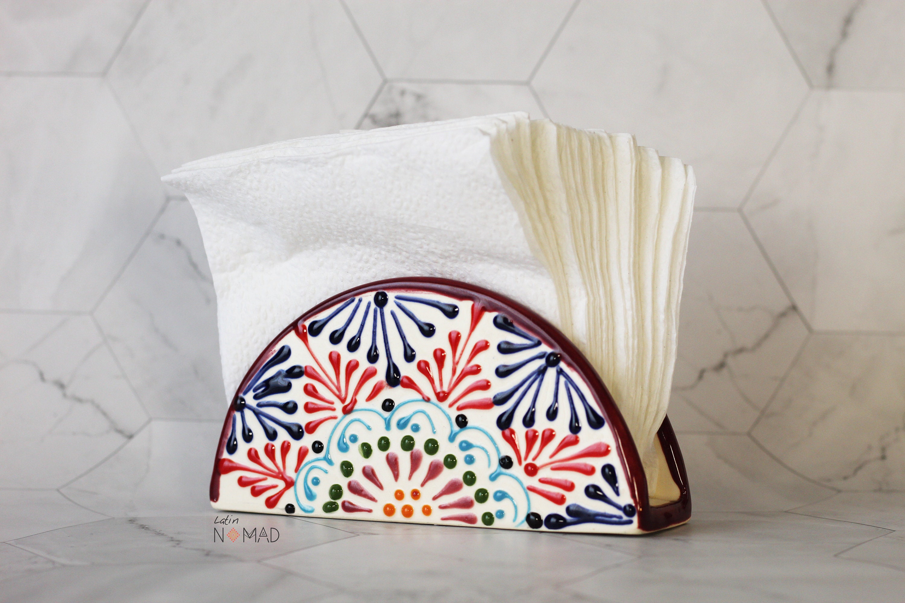 Ceramic Talavera Napkin Holder / Traditional Multicolored Confetti