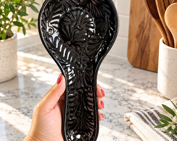 Black on Black Clay Talavera Spoon Rest / Traditional Mexican Kitchenware and Utensils by Latin Nomad.