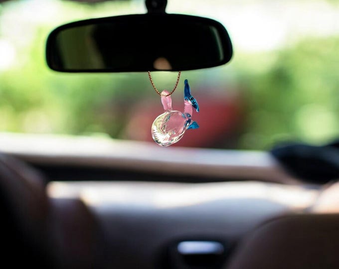 Whale handblown glass art, Mexican handcrafted figurines and ornaments. Rear-view mirror car accessories