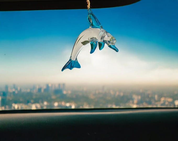 Dolphin handblown glass art, Mexican handcrafted figurines and ornaments, rear-view mirror car accessories