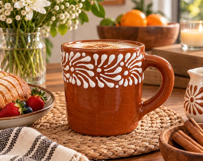2 pcs Ceramic Talavera Coffee Mug in Terracotta and Ivory Color / Traditional Mexican Kitchenware and Utensils by Latin Nomad.