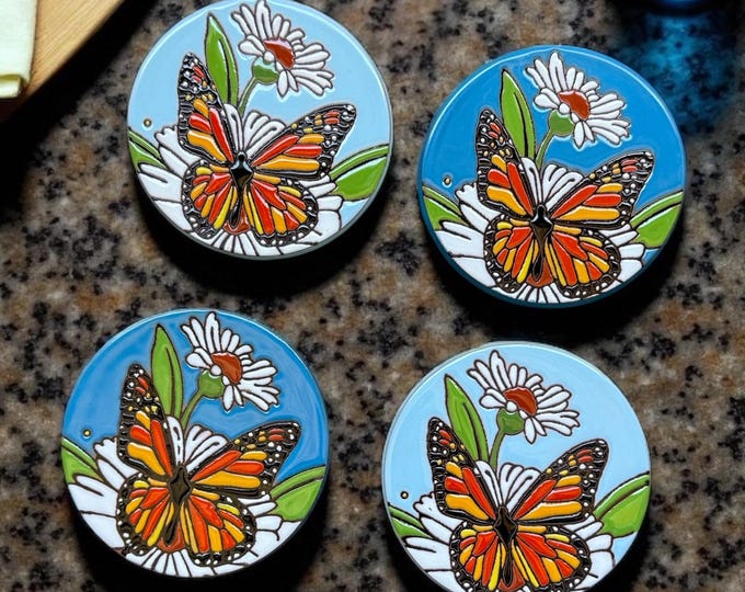Monarch Butterfly and Daisy Flower Terracotta Coaster Set  / Traditional Mexican Kitchenware and Utensils by Latin Nomad.