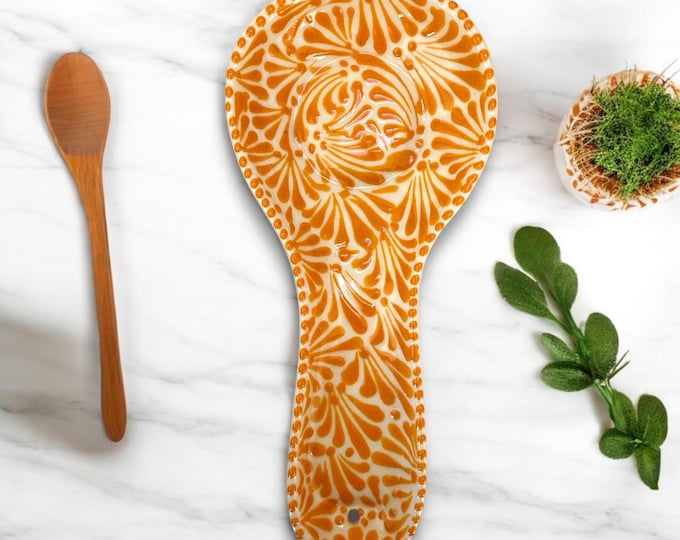 Tangerine Ceramic Talavera Spoon Rest / Traditional Mexican Kitchenware and Utensils by Latin Nomad.