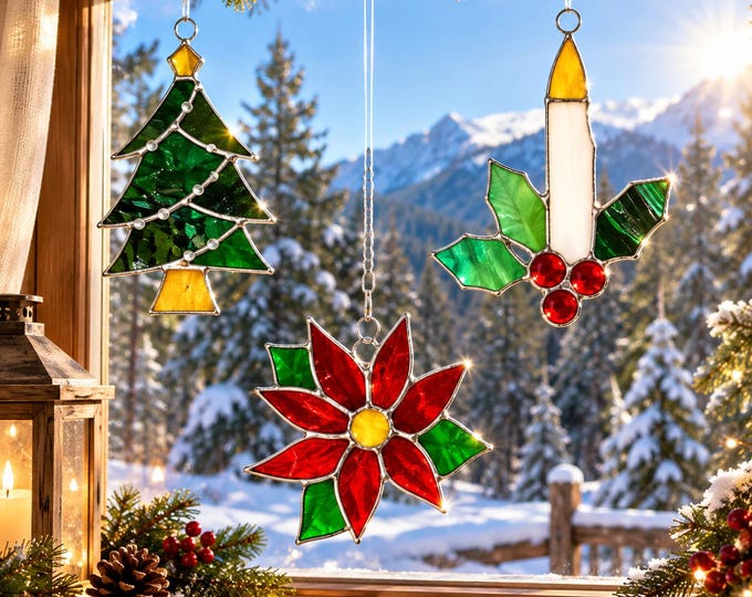 Christmas 3pc set of Stained Glass Window Suncatcher Garden and Patio Decor