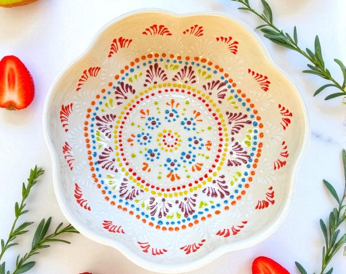 Scalloped Multicolor Mandala Pattern Ceramic Talavera Serving Platter Kitchenware Pottery
