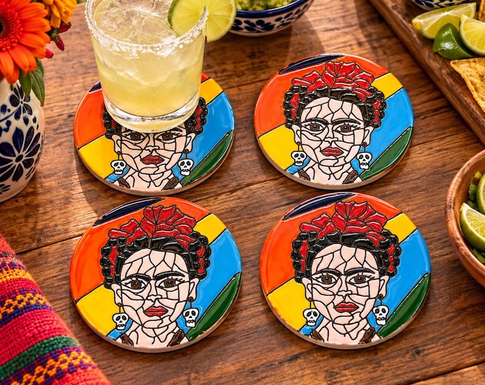 Inspired Frida Kahlo Face Terracotta Coaster Set  / Traditional Mexican Kitchenware and Utensils by Latin Nomad.