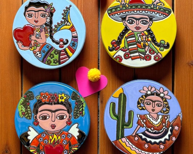 Inspired Frida Kahlo Terracotta Coaster Set  / Traditional Mexican Kitchenware and Utensils by Latin Nomad.