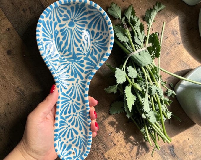 Light Blue Ceramic Talavera Spoon Rest / Traditional Mexican Kitchenware and Utensils by Latin Nomad.