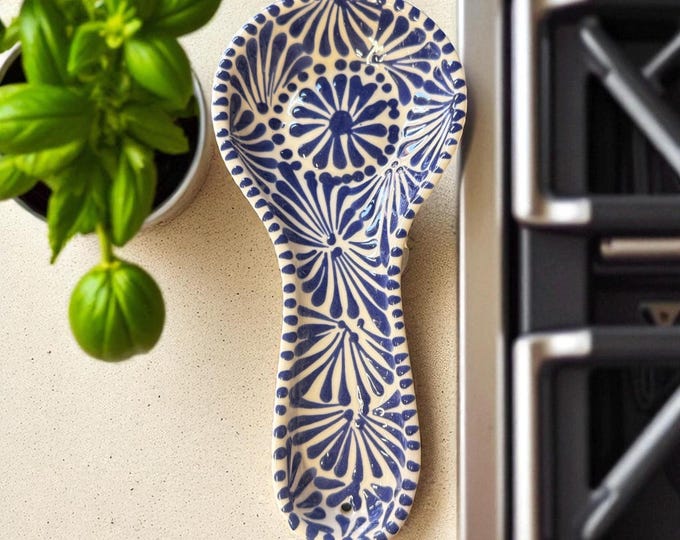 Blue Ceramic Talavera Spoon Rest / Traditional Mexican Kitchenware and Utensils by Latin Nomad.