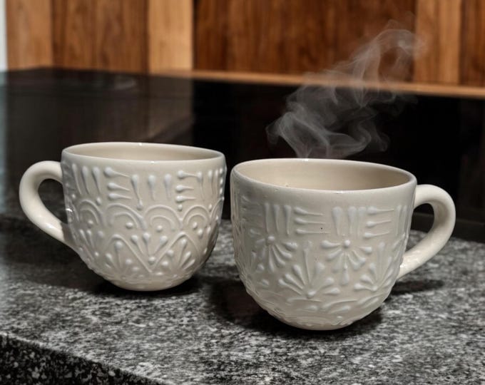 2 pcs Ivory and White Ceramic Talavera Coffee Mug / Traditional Mexican Kitchenware and Utensils by Latin Nomad.