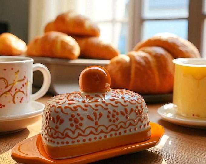 Tangerine Butter Dish Ceramic Pottery Kitchenware by Latin Nomad.