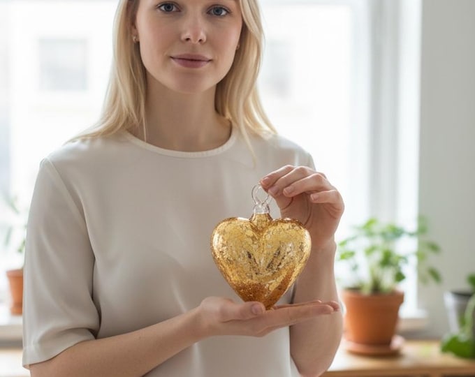 Glass Hearts with Gold Tone Metal Foil, Hand Blown Glass Technique