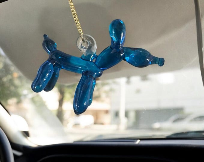 Blue Balloon Dog handblown glass art, Mexican handcrafted figurines and ornaments. Rear-view mirror car accessories