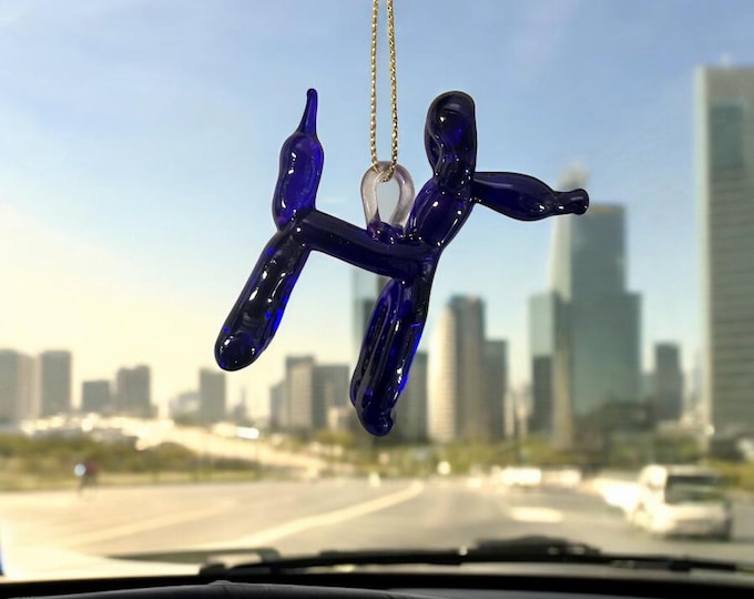 Purple Balloon Dog handblown glass art, Mexican handcrafted figurines and ornaments. Rear-view mirror car accessories