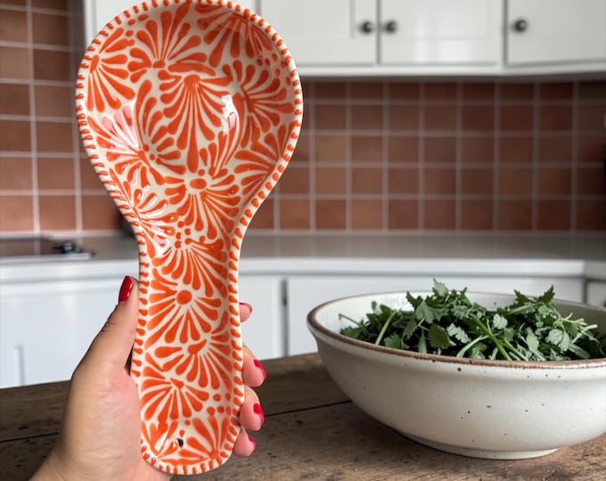 Orange Ceramic Talavera Spoon Rest / Traditional Mexican Kitchenware and Utensils by Latin Nomad.