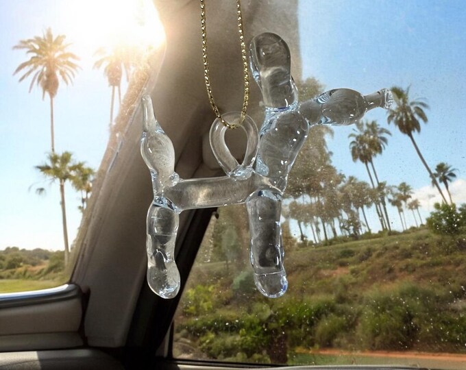 Clear Balloon Dog handblown glass art, Mexican handcrafted figurines and ornaments. Rear-view mirror car accessories