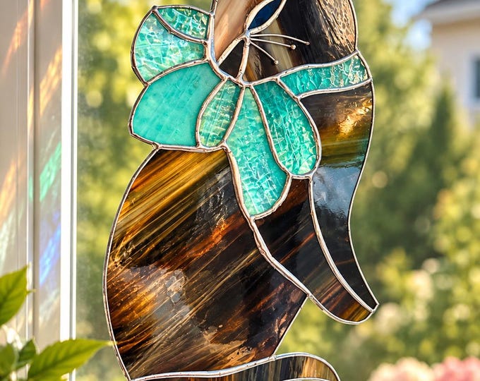 Brown Cat with Large Bow in Stained Glass Window Suncatcher