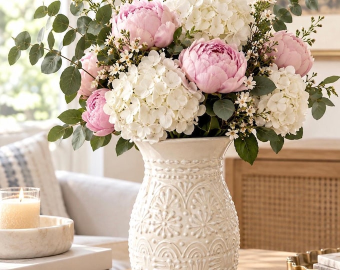 Ceramic Flower Floral Vase Ivory and White by Latin Nomad.