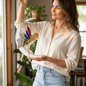 NEW Large Fairy sitting on the Moon Stained Glass Window Sun catcher Garden and Patio Decor