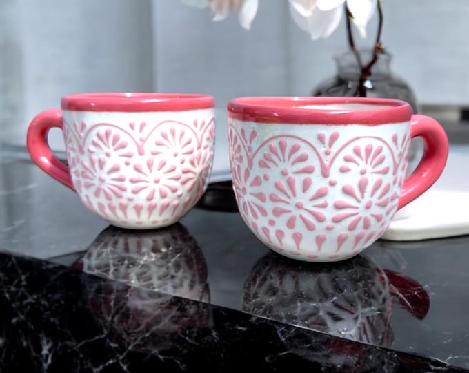 2 pcs White and Pink Ceramic Talavera Coffee Mug / Traditional Mexican Kitchenware and Utensils by Latin Nomad.
