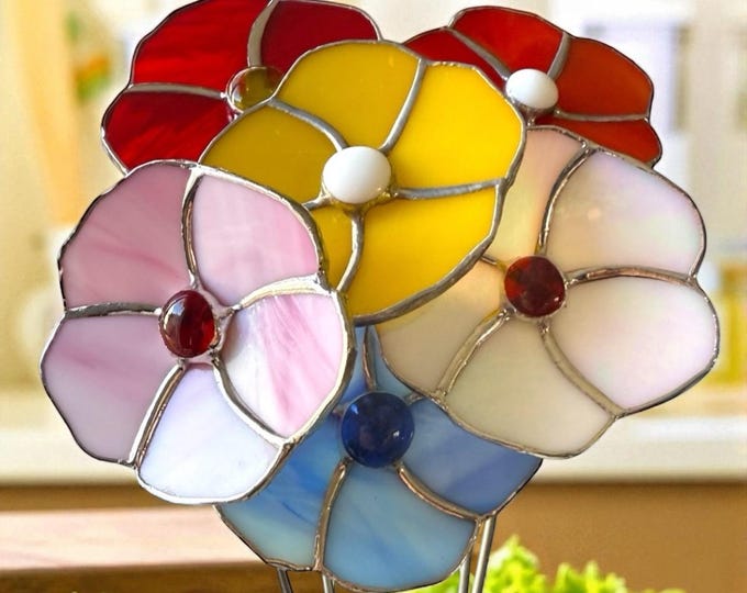 3D Poppy Flower Stained Glass Plant Stake